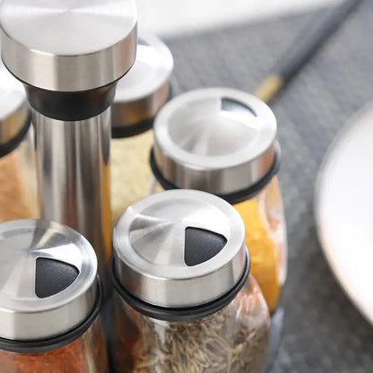 Rotating Glass Spice Jar Set | 7-Piece Organizer Rack