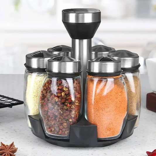 Rotating Glass Spice Jar Set | 7-Piece Organizer Rack