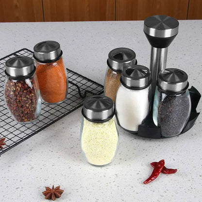 Rotating Glass Spice Jar Set | 7-Piece Organizer Rack